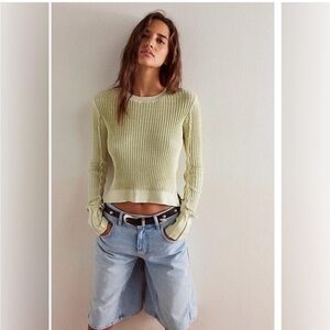 FREE PEOPLE We The Free Between The Lines Rib Light Green Jumper Top Sz L NWOT